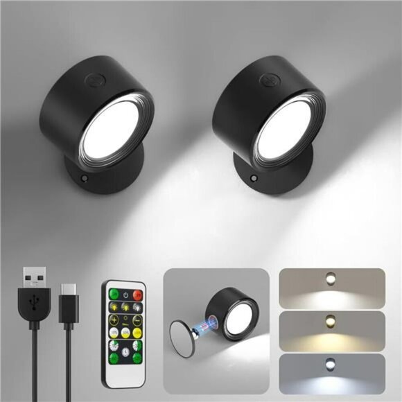 LED Wall Mounted Lights 2 Pcs with Remote Wall Sconces Lamp 3000mAh Rechargeabl - Picture 7 of 8